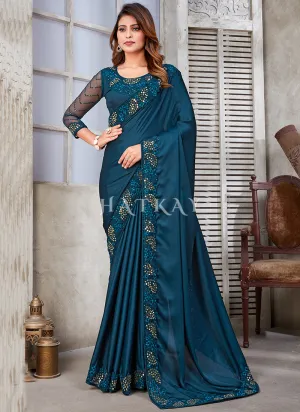 Blue Mirror Work Embroidery Satin Silk Saree