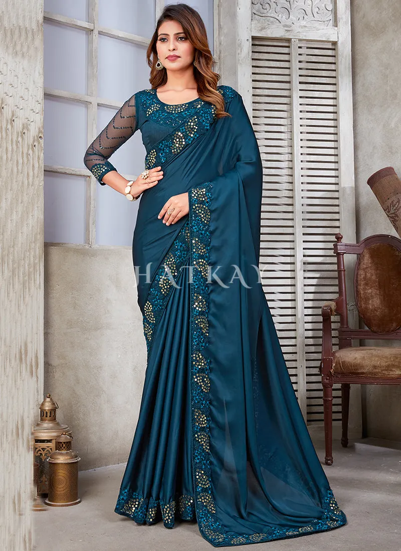 Blue Mirror Work Embroidery Satin Silk Saree
