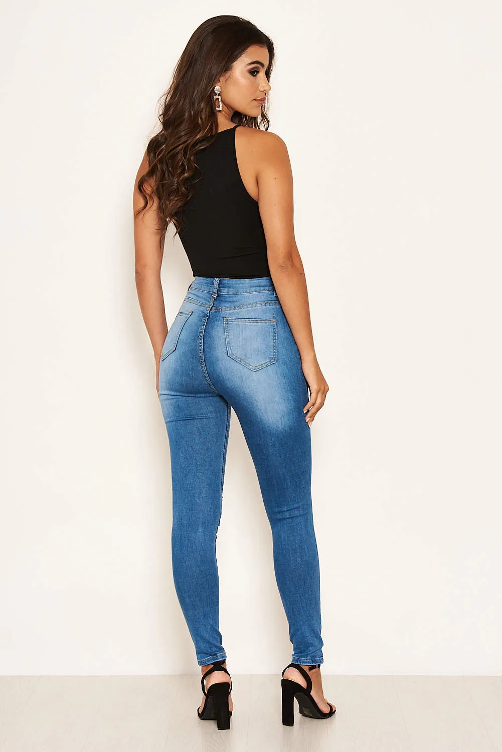 Blue Ripped Knee High Waisted Jean
