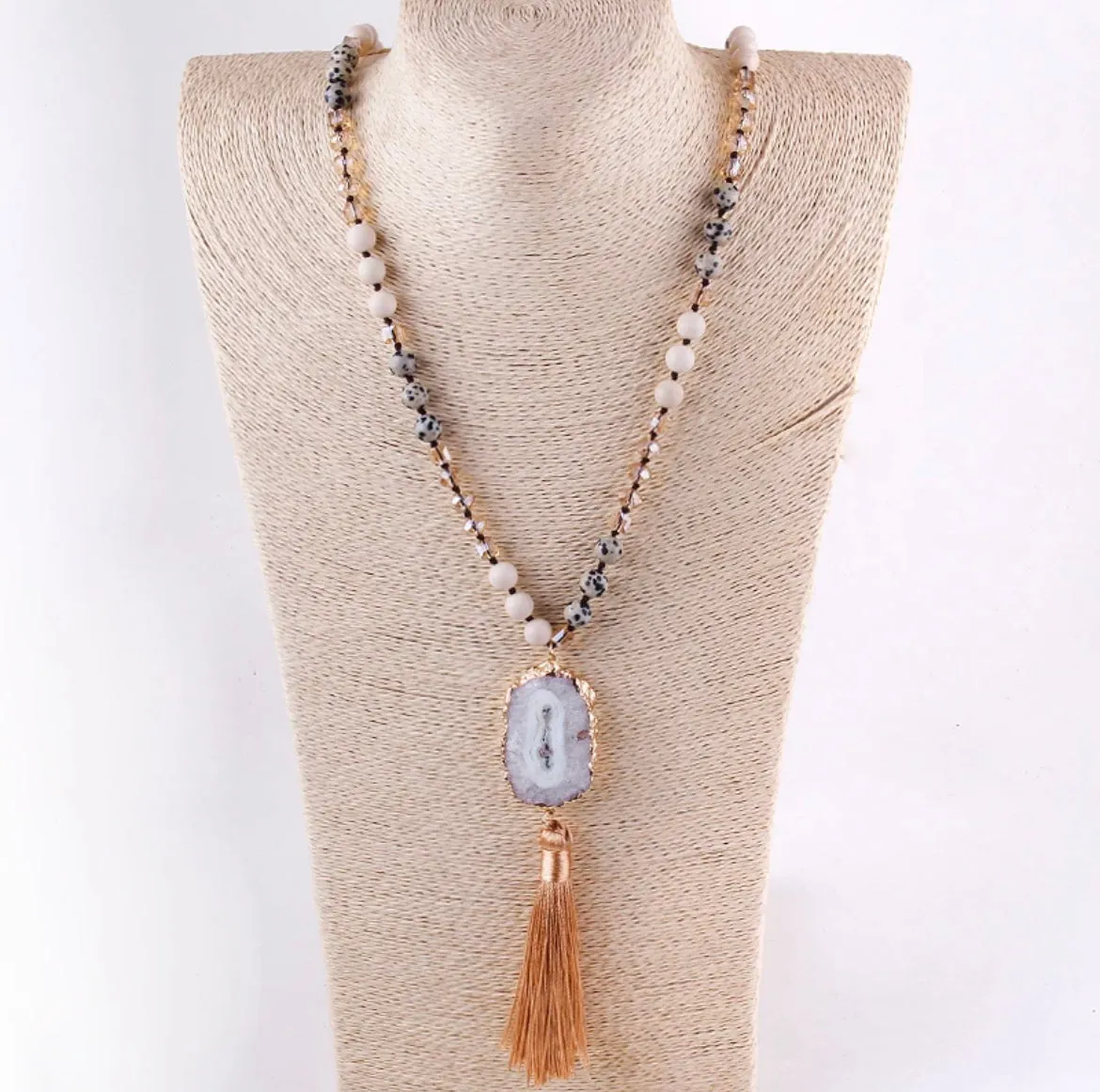 Boho & Mala Tribal Solar Quartz Agate Slice Tassel Necklace TN10080