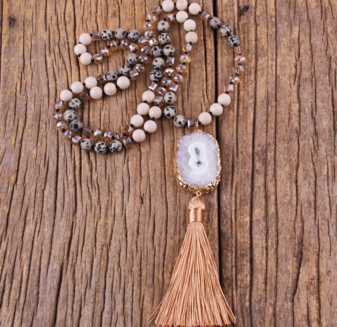 Boho & Mala Tribal Solar Quartz Agate Slice Tassel Necklace TN10080