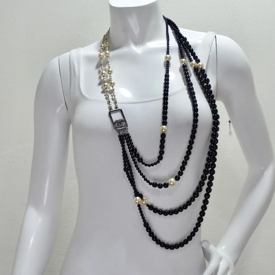 Chanel 2010 Black and Ivory Resin Pearl Multi Strand CC Logo Necklace