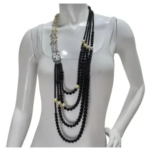 Chanel 2010 Black and Ivory Resin Pearl Multi Strand CC Logo Necklace