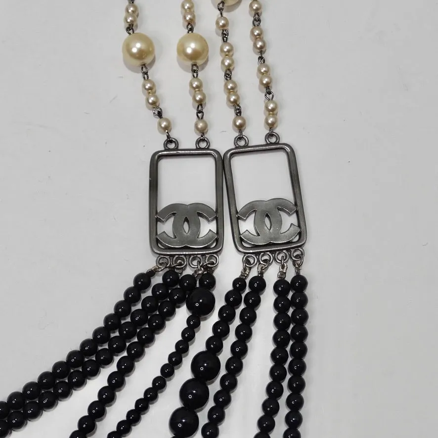 Chanel 2010 Black and Ivory Resin Pearl Multi Strand CC Logo Necklace