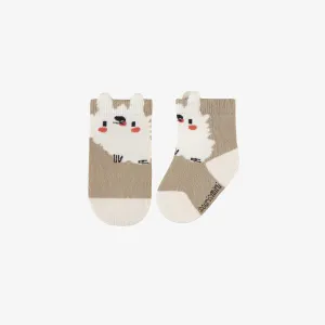 Chaussettes crème extensible avec un chien, naissance || Cream stretch socks with dog, newborn
