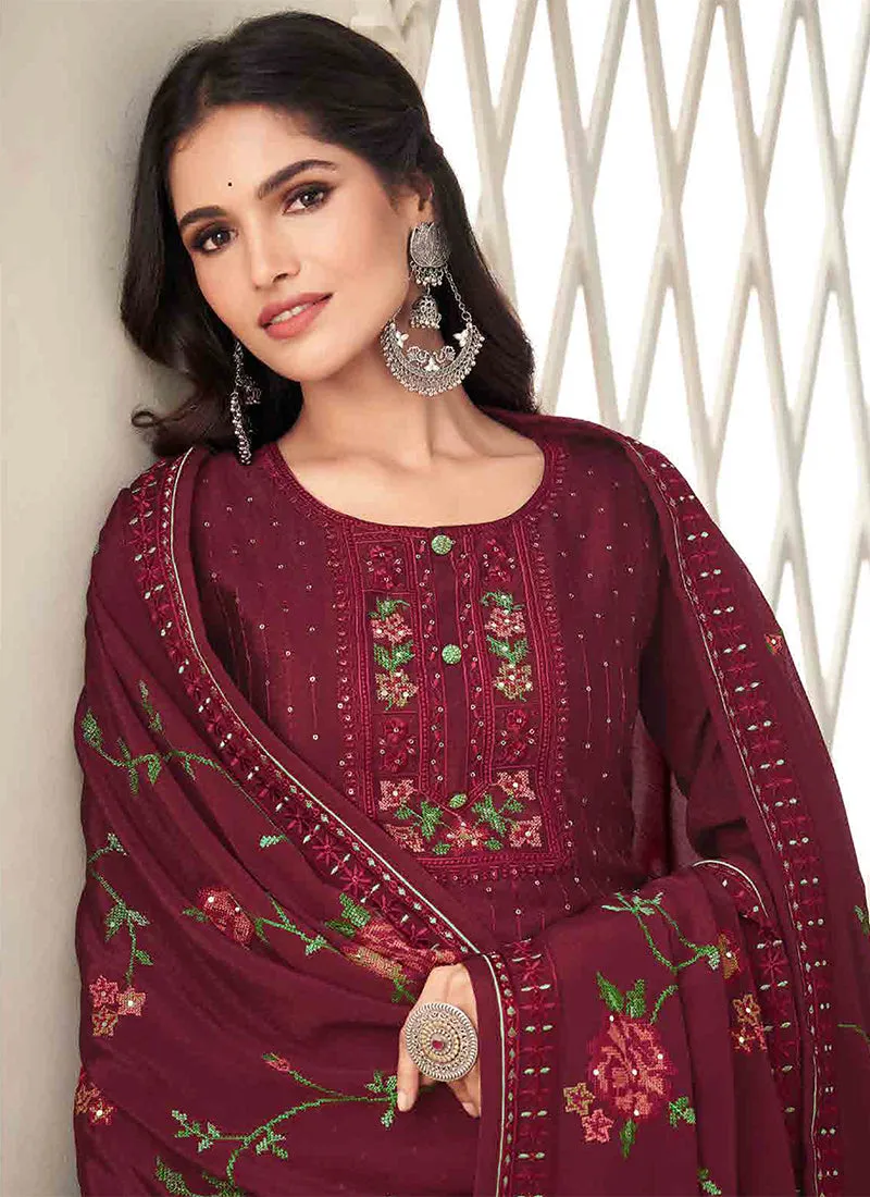 Cherry Red Floral Embroidery Traditional Salwar Kameez