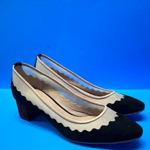Chloe Black Scalloped Suede and Mesh Pump Burgundy Block HEel