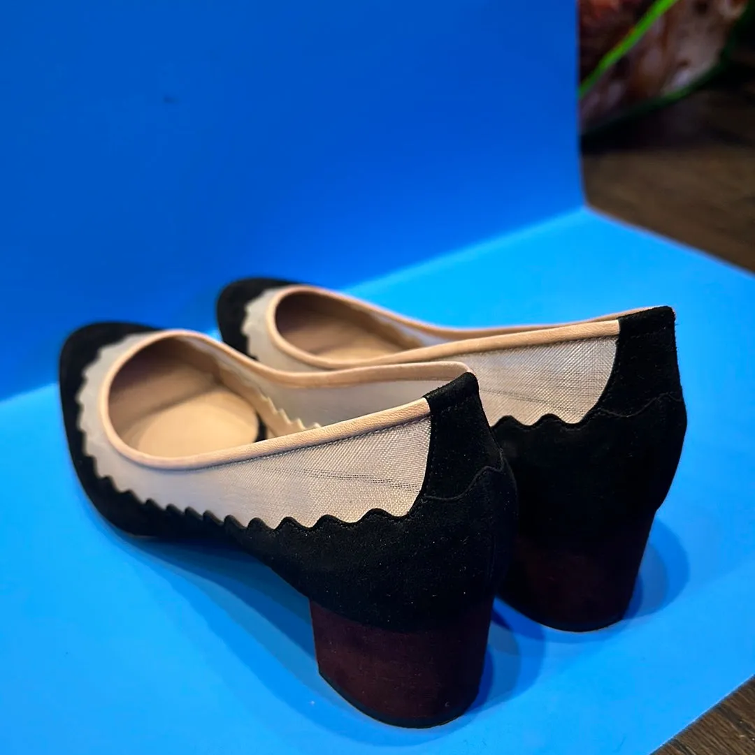 Chloe Black Scalloped Suede and Mesh Pump Burgundy Block HEel