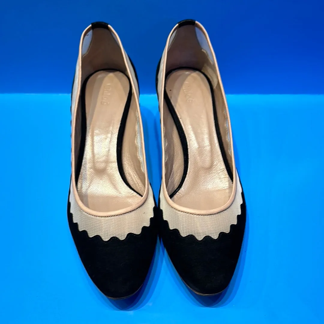 Chloe Black Scalloped Suede and Mesh Pump Burgundy Block HEel