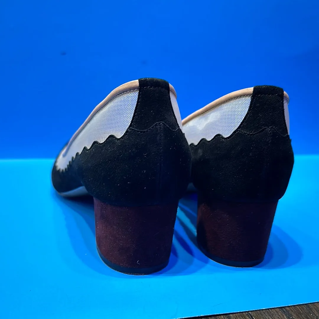 Chloe Black Scalloped Suede and Mesh Pump Burgundy Block HEel