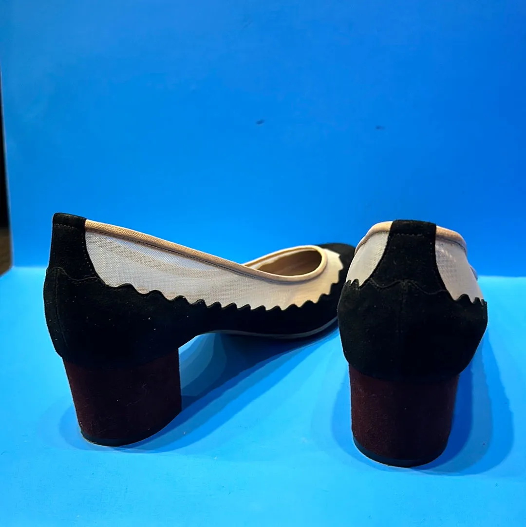 Chloe Black Scalloped Suede and Mesh Pump Burgundy Block HEel
