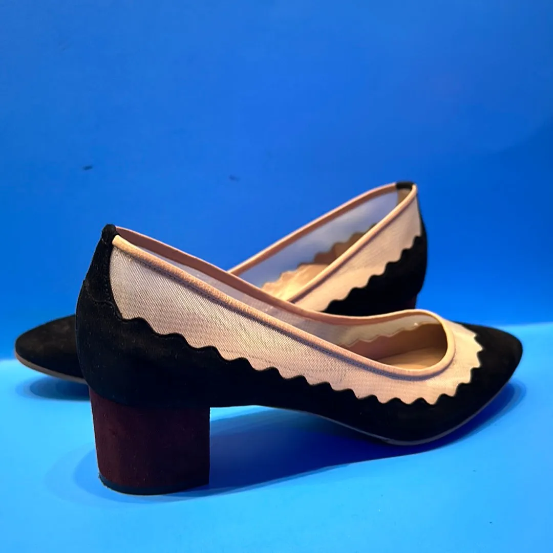 Chloe Black Scalloped Suede and Mesh Pump Burgundy Block HEel