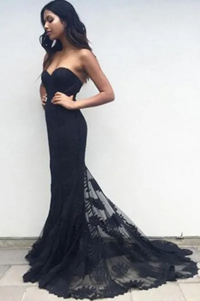 Classic Sweetheart Sweep Train Black Mermaid Lace Prom Dress LPD060
