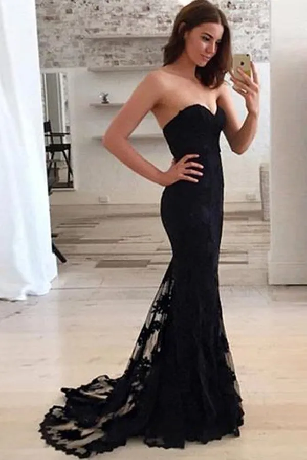 Classic Sweetheart Sweep Train Black Mermaid Lace Prom Dress LPD060
