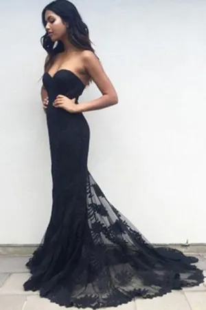 Classic Sweetheart Sweep Train Black Mermaid Lace Prom Dress LPD060