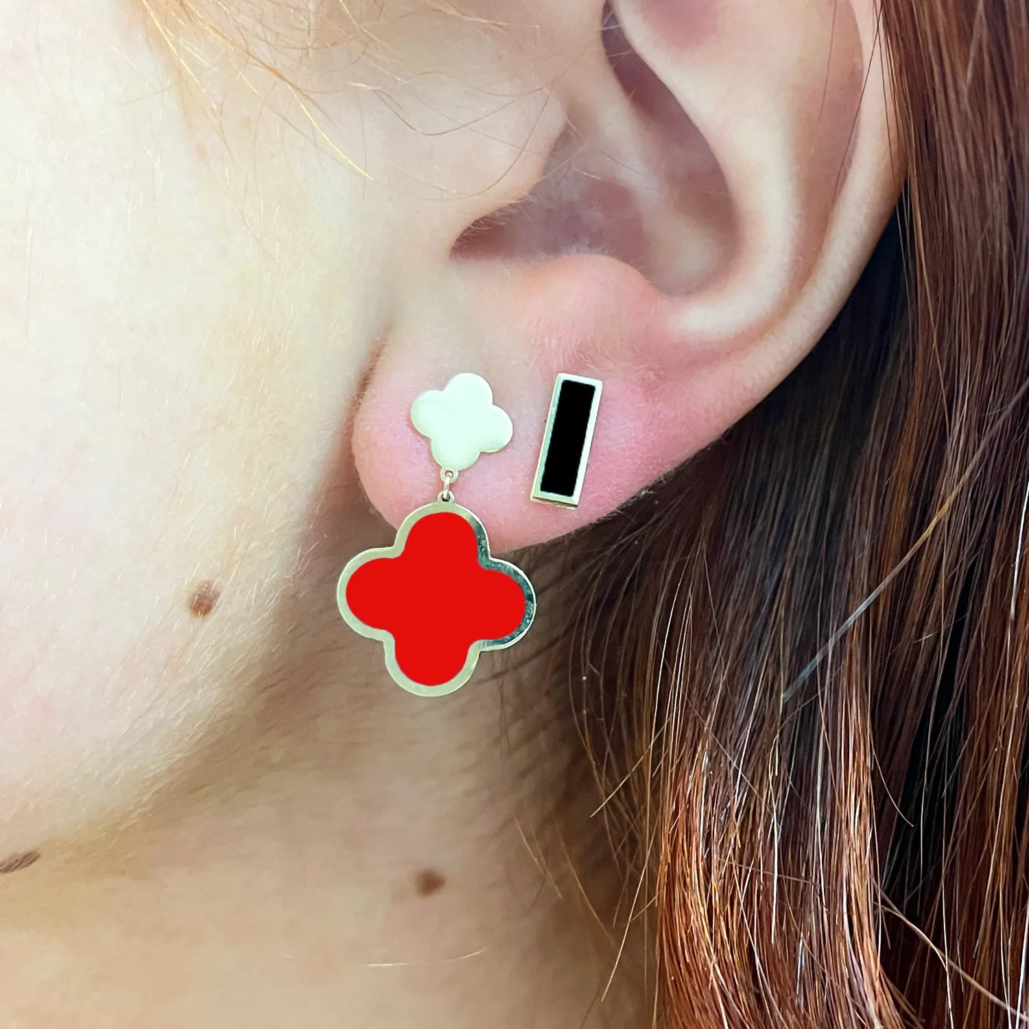 Coral and Gold Clover Drop Earrings