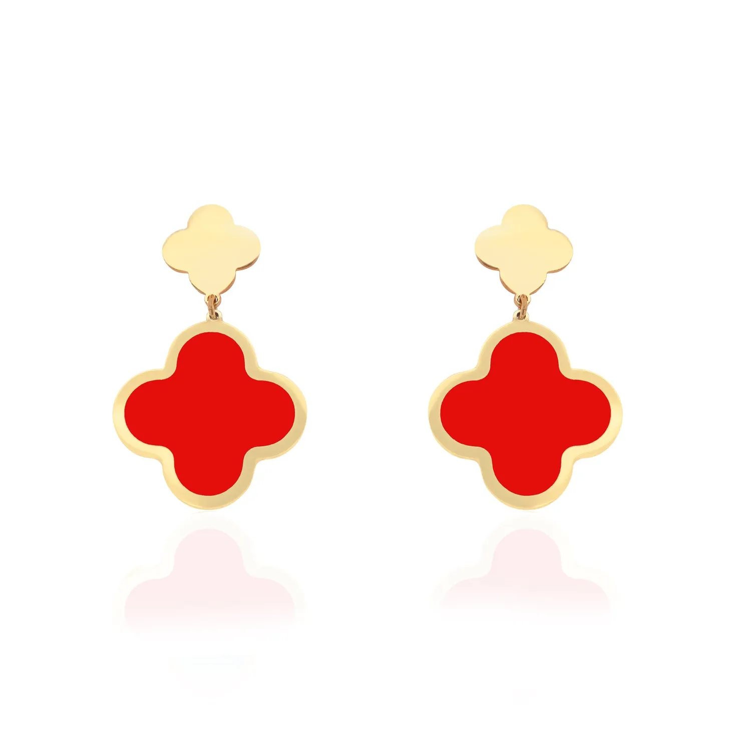 Coral and Gold Clover Drop Earrings
