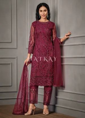 Deep Magenta Embroidered Pant Suit
