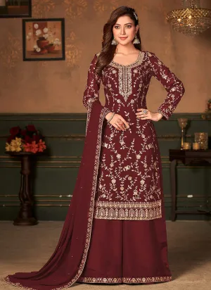 Deep Maroon Embroidered Designer Palazzo Suit