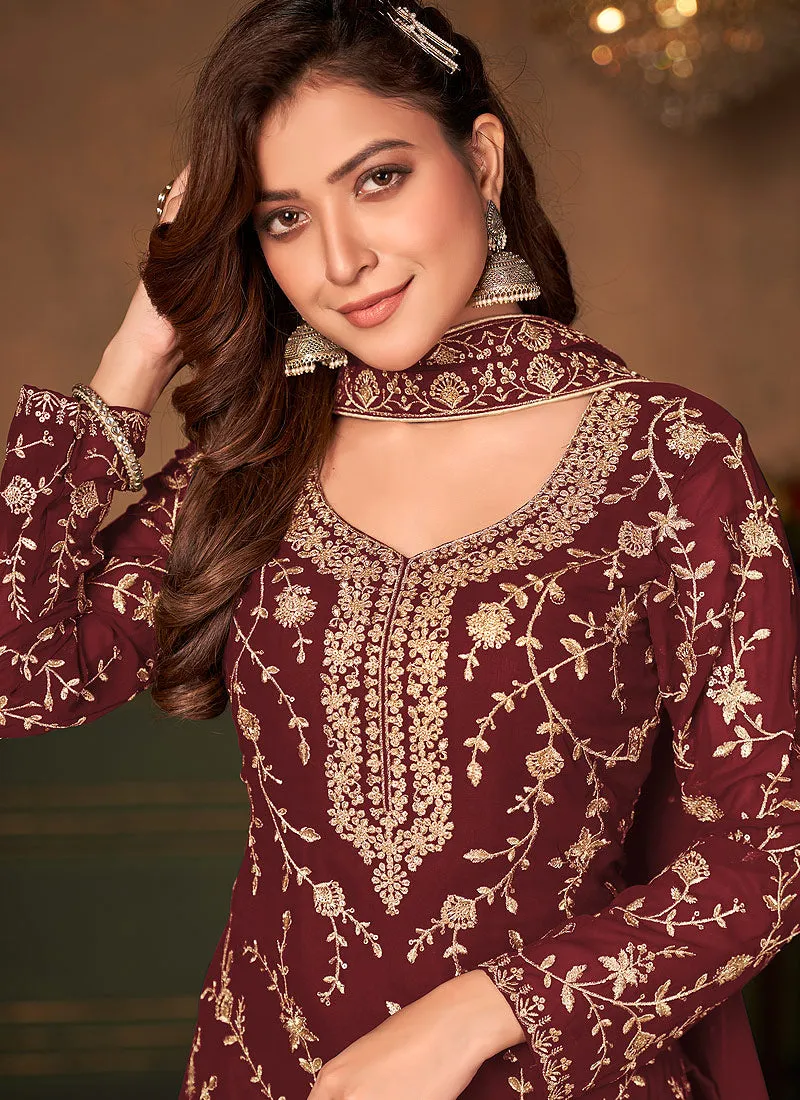 Deep Maroon Embroidered Designer Palazzo Suit