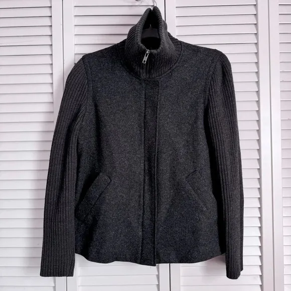 Eileen Fisher Women’s Wool Charcoal Jacket Sweater Ribbed Sleeves Size Small
