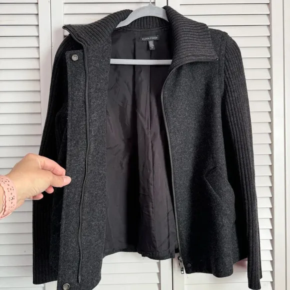 Eileen Fisher Women’s Wool Charcoal Jacket Sweater Ribbed Sleeves Size Small