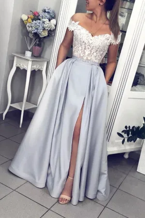 Elegant A Line Grey Satin White Lace Off The Shoulder Strapless Long Prom Dress Evening Dress OHC346