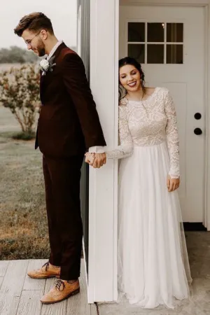 Elegant A-Line Round Neck Long Sleeves Backless Wedding Dress with Lace OHD050