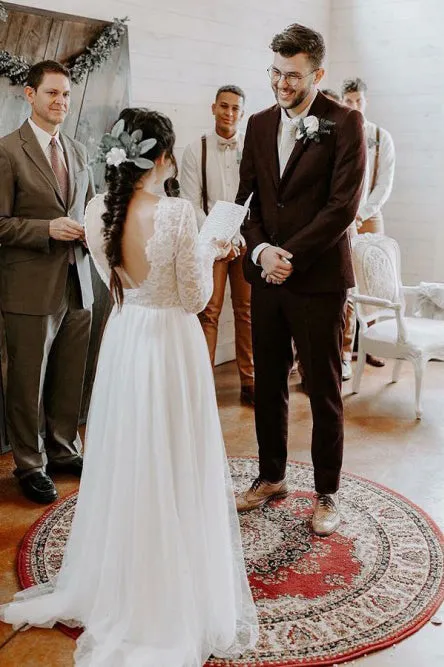Elegant A-Line Round Neck Long Sleeves Backless Wedding Dress with Lace OHD050