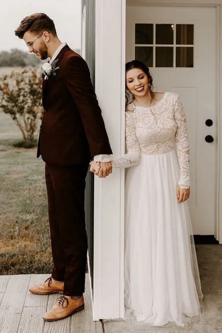 Elegant A-Line Round Neck Long Sleeves Backless Wedding Dress with Lace OHD050