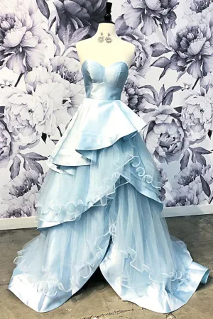 Elegant A Line Satin Strapless Sleeveless Layered Long Prom Dress Evening Dress OHC421