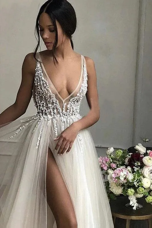 Elegant A Line Tulle Beads Deep V Neck Prom Dresses High Slit Ivory Evening Dresses CA562