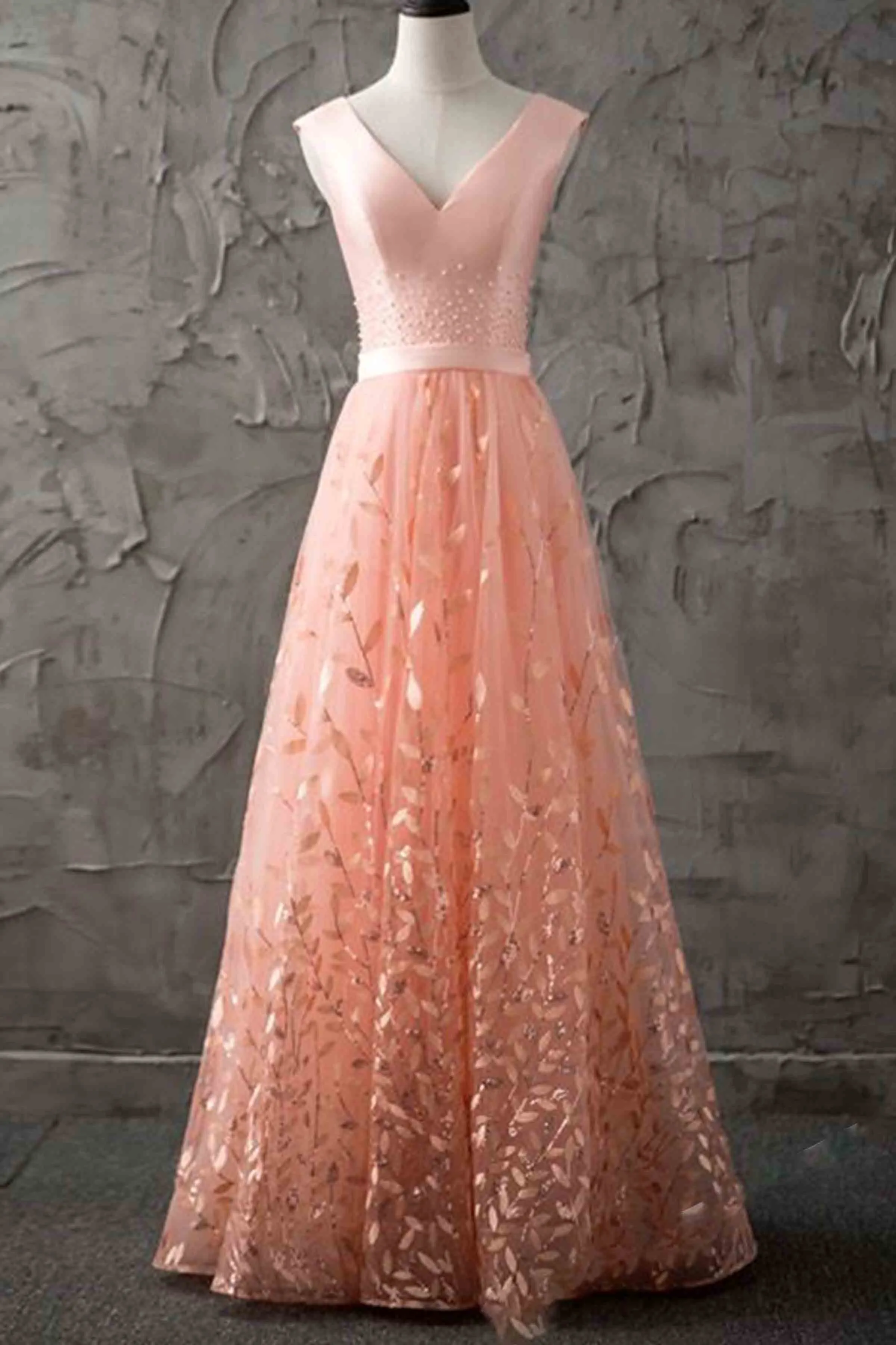 Elegant A Line Tulle V Neck Satin Lace Up Long Prom Dresses Formal Dresses OHC498