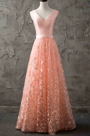 Elegant A Line Tulle V Neck Satin Lace Up Long Prom Dresses Formal Dresses OHC498