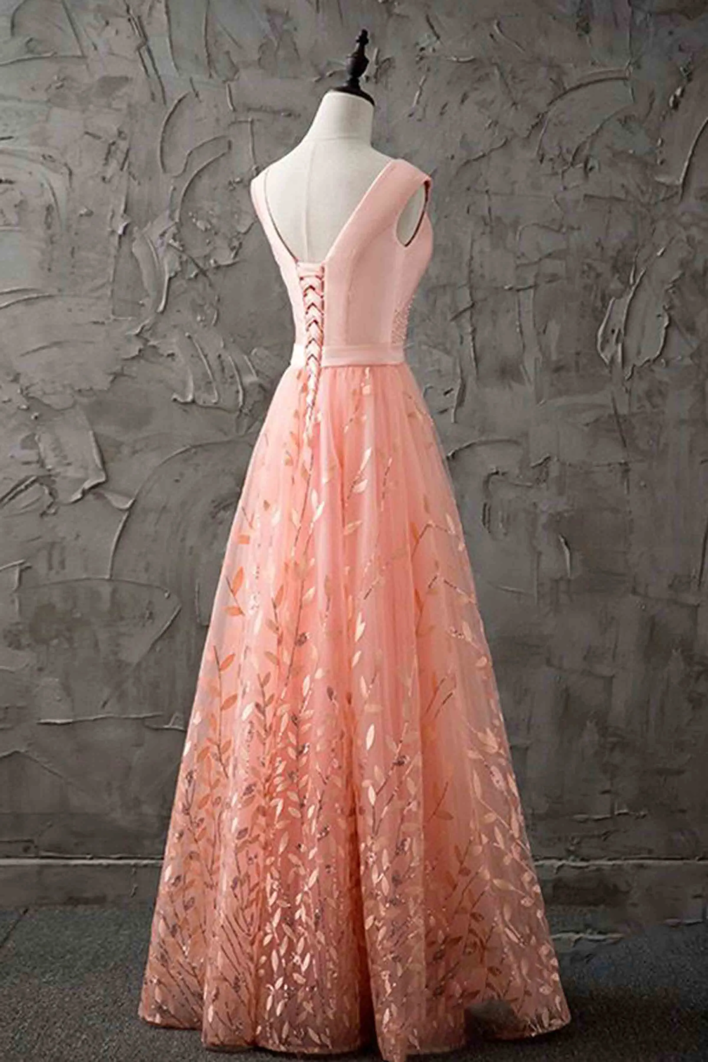 Elegant A Line Tulle V Neck Satin Lace Up Long Prom Dresses Formal Dresses OHC498