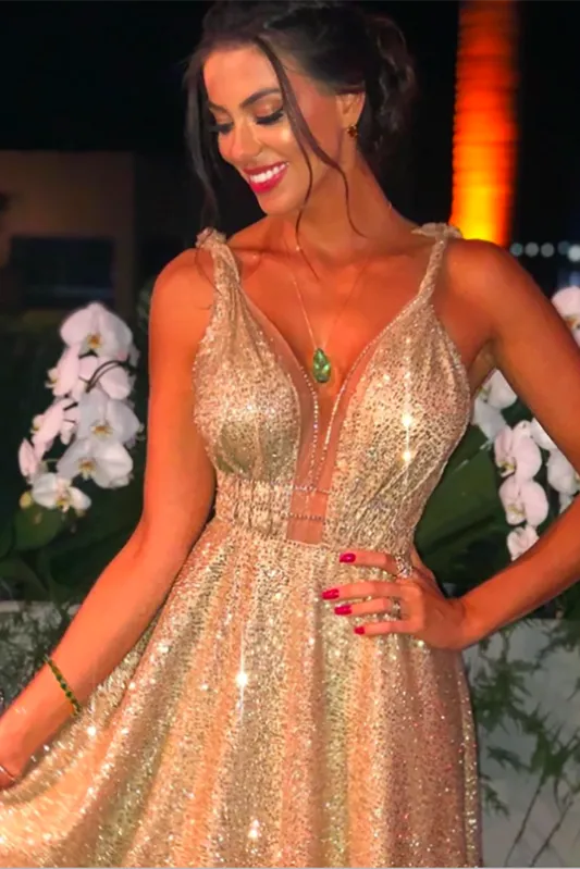 Elegant A Line V Neck Gold Sequins Prom Dress Backless Cheap Party Vintage Dresses OHC455