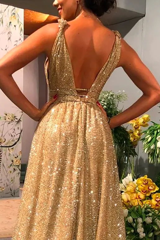 Elegant A Line V Neck Gold Sequins Prom Dress Backless Cheap Party Vintage Dresses OHC455