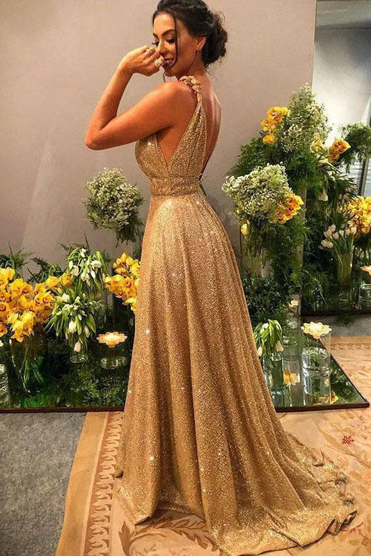 Elegant A Line V Neck Gold Sequins Prom Dress Backless Cheap Party Vintage Dresses OHC455