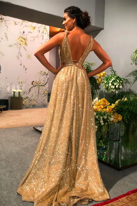 Elegant A Line V Neck Gold Sequins Prom Dress Backless Cheap Party Vintage Dresses OHC455