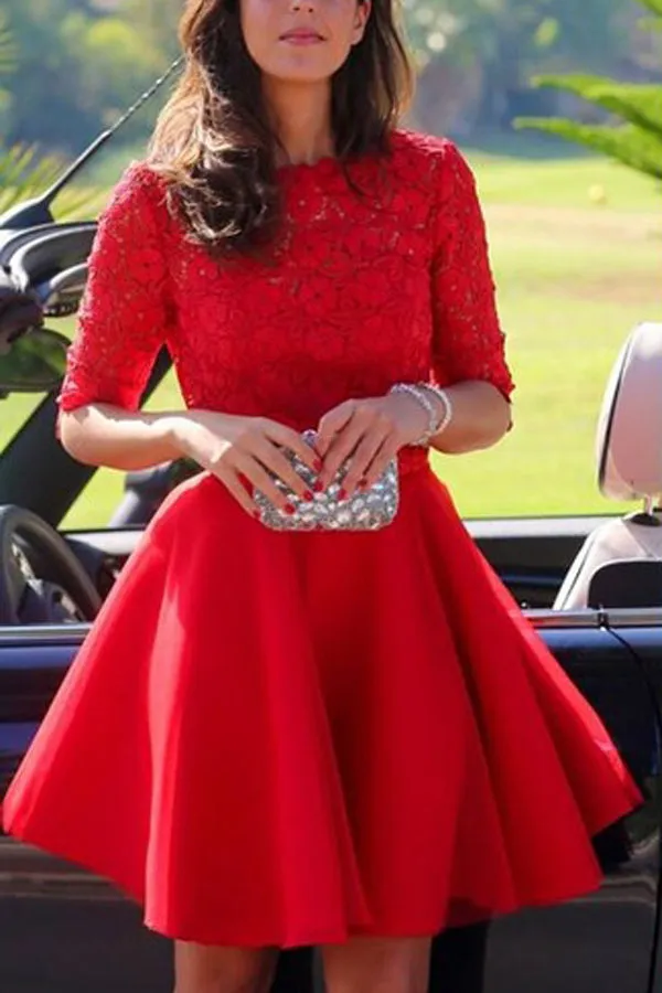 Elegant Bateau A-line Half sleeves Short Prom Dress Red Lace Homecoming Dress LPD069
