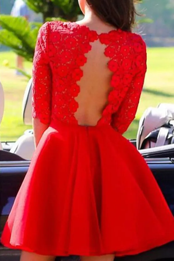 Elegant Bateau A-line Half sleeves Short Prom Dress Red Lace Homecoming Dress LPD069
