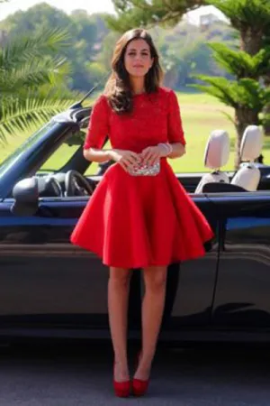 Elegant Bateau A-line Half sleeves Short Prom Dress Red Lace Homecoming Dress LPD069
