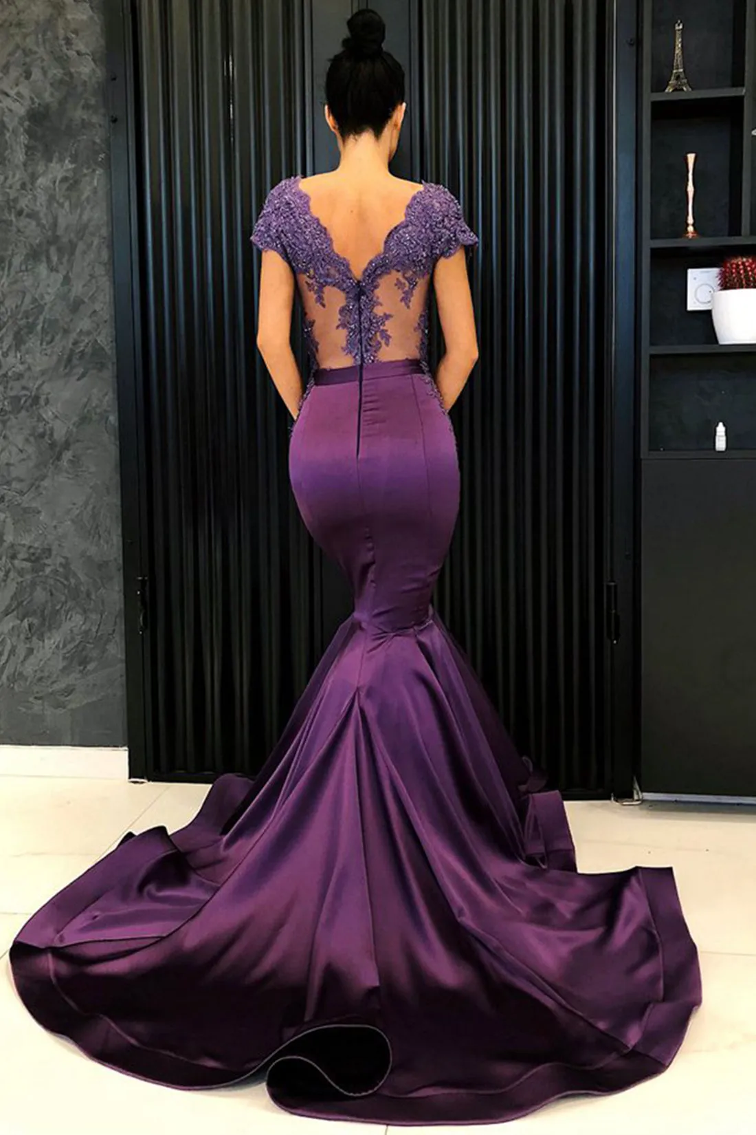Elegant Purple Satin Cap Sleeves V Neck Long Lace Mermaid Formal Prom Dress Evening Dress OHC427
