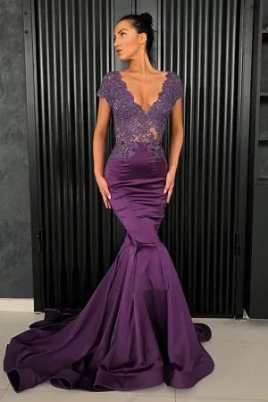 Elegant Purple Satin Cap Sleeves V Neck Long Lace Mermaid Formal Prom Dress Evening Dress OHC427