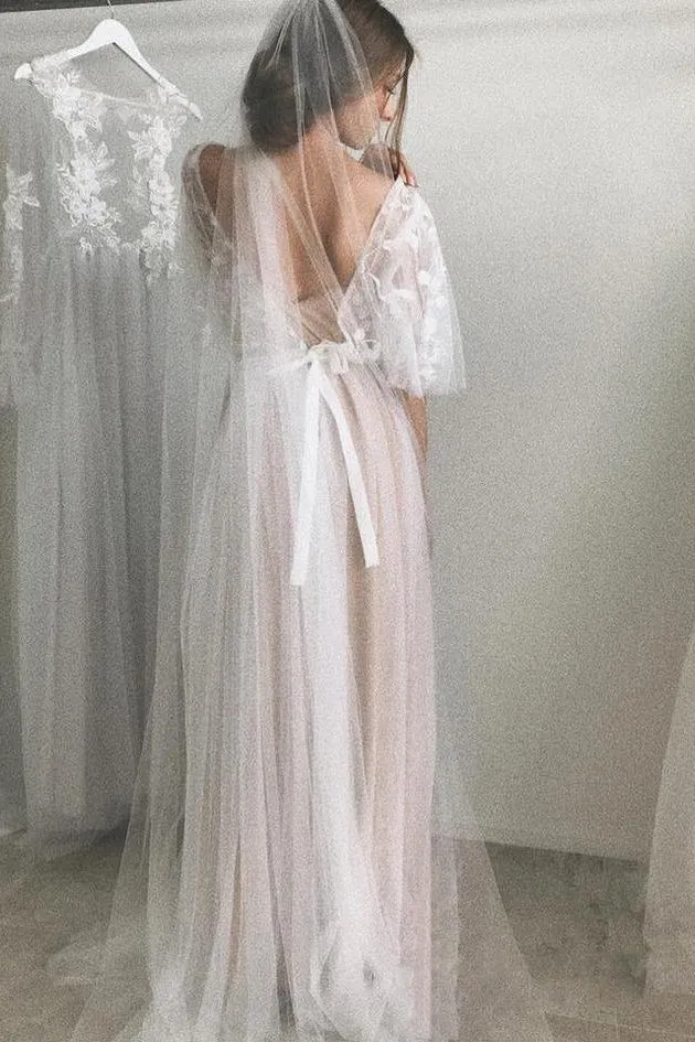 Elegant Simple A-line Half Sleeve Sweep Train Long Tulle Bridal Gown Wedding Dresses OHD155