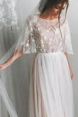 Elegant Simple A-line Half Sleeve Sweep Train Long Tulle Bridal Gown Wedding Dresses OHD155