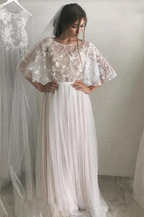 Elegant Simple A-line Half Sleeve Sweep Train Long Tulle Bridal Gown Wedding Dresses OHD155