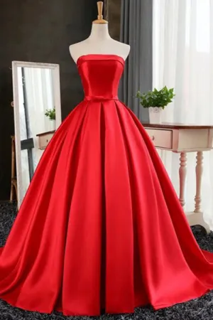 Elegant Strapless Sweep Train Ball Gown Red Pleats Prom Dress with Bow LPD064