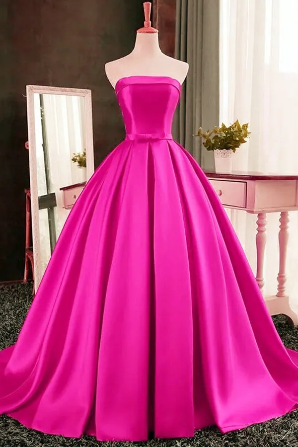 Elegant Strapless Sweep Train Ball Gown Red Pleats Prom Dress with Bow LPD064