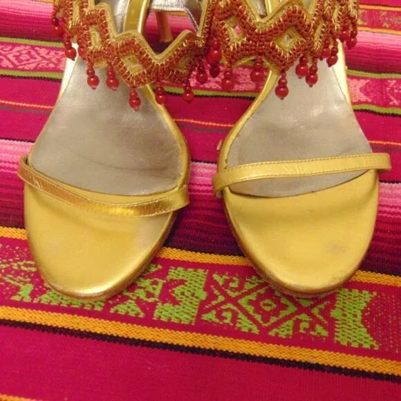 EUC SERGIO ROSSI Gold w/Dark Orange Hanging Beads 3&quot; Heels Prom Formal Open 7.5